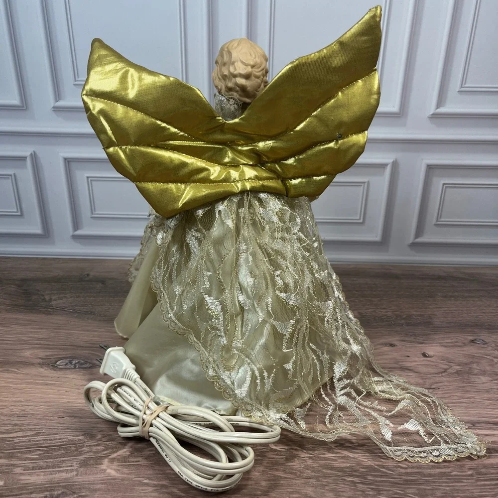 Vintage Animated Angel Tree Topper Christmas 11in Gold Cream Moving Wings Lit - Picture 6 of 13